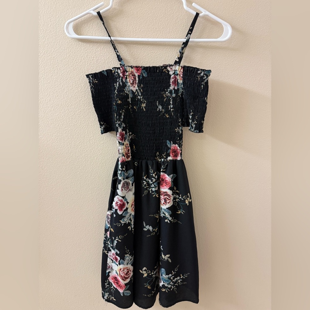 Kids Off the Shoulder Floral Smocked Black Dress (WITH POCKETS!)